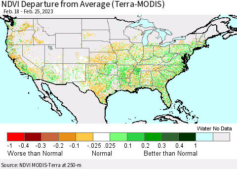 United States NDVI Departure from Average (Terra-MODIS) Thematic Map For 2/18/2023 - 2/25/2023