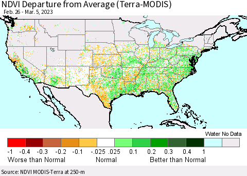 United States NDVI Departure from Average (Terra-MODIS) Thematic Map For 2/26/2023 - 3/5/2023