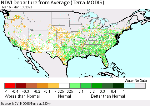 United States NDVI Departure from Average (Terra-MODIS) Thematic Map For 3/6/2023 - 3/13/2023
