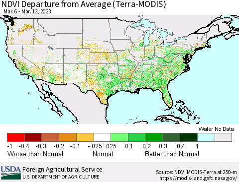 United States NDVI Departure from Average (Terra-MODIS) Thematic Map For 3/11/2023 - 3/20/2023