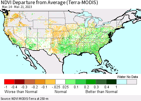 United States NDVI Departure from Average (Terra-MODIS) Thematic Map For 3/14/2023 - 3/21/2023
