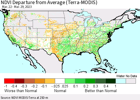 United States NDVI Departure from Average (Terra-MODIS) Thematic Map For 3/22/2023 - 3/29/2023