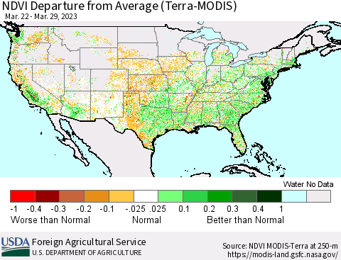 United States NDVI Departure from Average (Terra-MODIS) Thematic Map For 3/21/2023 - 3/31/2023
