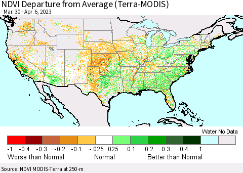 United States NDVI Departure from Average (Terra-MODIS) Thematic Map For 3/30/2023 - 4/6/2023
