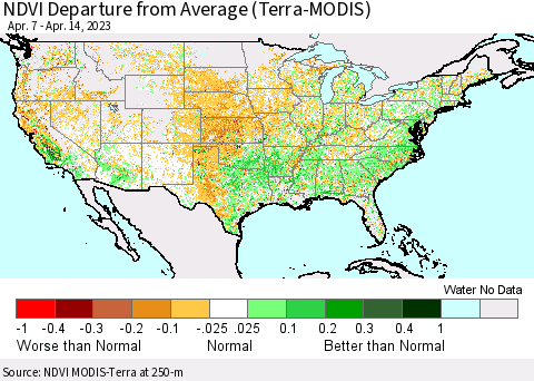 United States NDVI Departure from Average (Terra-MODIS) Thematic Map For 4/7/2023 - 4/14/2023
