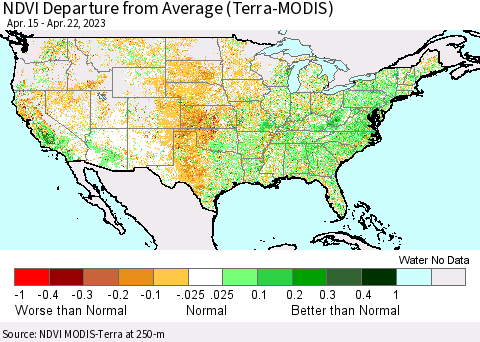 United States NDVI Departure from Average (Terra-MODIS) Thematic Map For 4/15/2023 - 4/22/2023