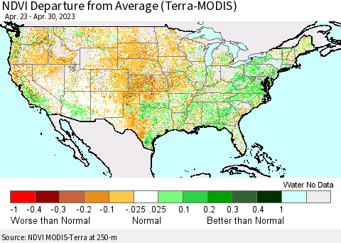 United States NDVI Departure from Average (Terra-MODIS) Thematic Map For 4/21/2023 - 4/30/2023