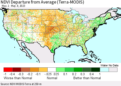 United States NDVI Departure from Average (Terra-MODIS) Thematic Map For 5/1/2023 - 5/8/2023