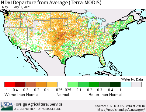 United States NDVI Departure from Average (Terra-MODIS) Thematic Map For 5/1/2023 - 5/10/2023