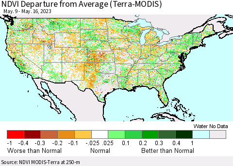 United States NDVI Departure from Average (Terra-MODIS) Thematic Map For 5/9/2023 - 5/16/2023