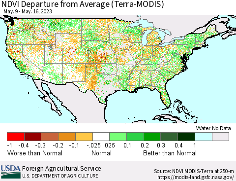 United States NDVI Departure from Average (Terra-MODIS) Thematic Map For 5/11/2023 - 5/20/2023