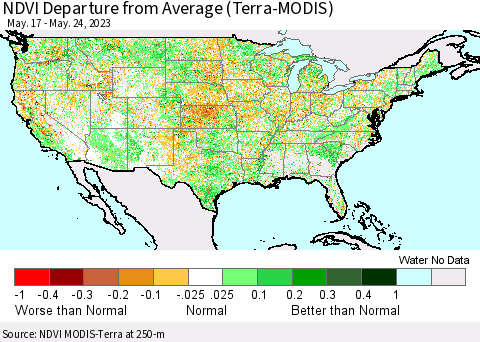 United States NDVI Departure from Average (Terra-MODIS) Thematic Map For 5/17/2023 - 5/24/2023