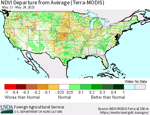 United States NDVI Departure from Average (Terra-MODIS) Thematic Map For 5/21/2023 - 5/31/2023
