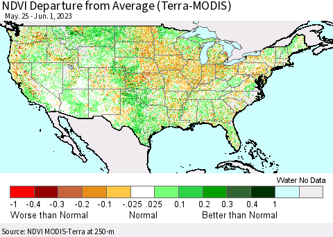 United States NDVI Departure from Average (Terra-MODIS) Thematic Map For 5/25/2023 - 6/1/2023