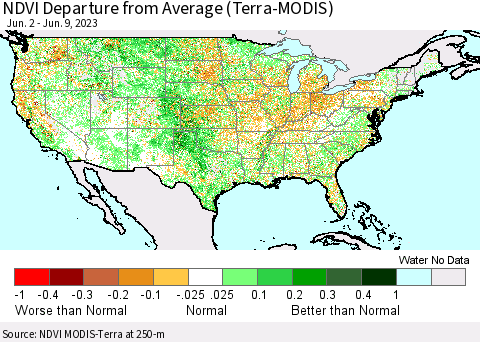 United States NDVI Departure from Average (Terra-MODIS) Thematic Map For 6/2/2023 - 6/9/2023