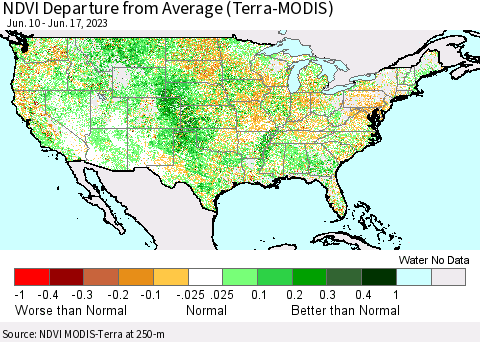 United States NDVI Departure from Average (Terra-MODIS) Thematic Map For 6/10/2023 - 6/17/2023