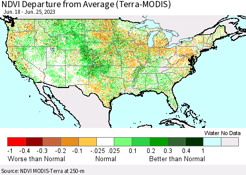 United States NDVI Departure from Average (Terra-MODIS) Thematic Map For 6/18/2023 - 6/25/2023