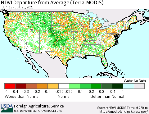 United States NDVI Departure from Average (Terra-MODIS) Thematic Map For 6/21/2023 - 6/30/2023