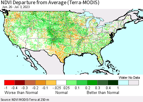 United States NDVI Departure from Average (Terra-MODIS) Thematic Map For 6/26/2023 - 7/3/2023