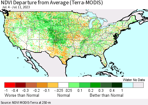 United States NDVI Departure from Average (Terra-MODIS) Thematic Map For 7/4/2023 - 7/11/2023
