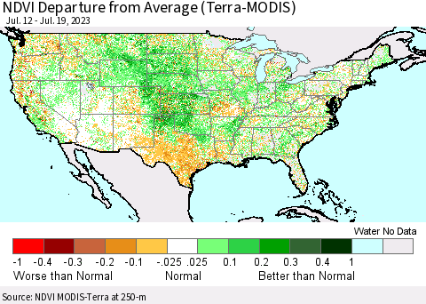 United States NDVI Departure from Average (Terra-MODIS) Thematic Map For 7/12/2023 - 7/19/2023
