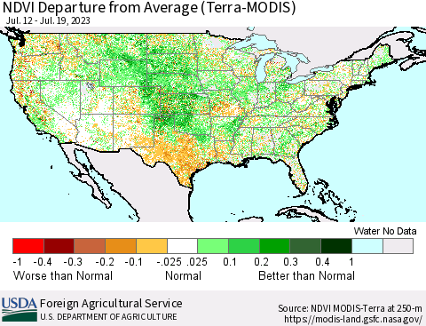 United States NDVI Departure from Average (Terra-MODIS) Thematic Map For 7/11/2023 - 7/20/2023