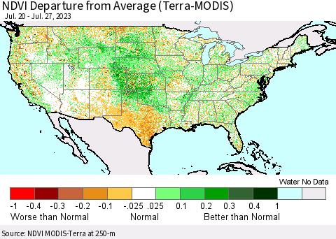 United States NDVI Departure from Average (Terra-MODIS) Thematic Map For 7/20/2023 - 7/27/2023