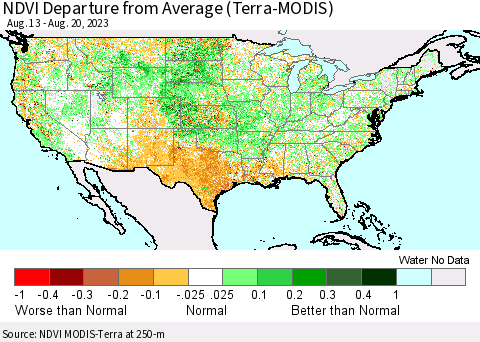 United States NDVI Departure from Average (Terra-MODIS) Thematic Map For 8/11/2023 - 8/20/2023