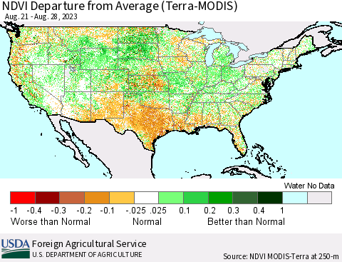 United States NDVI Departure from Average (Terra-MODIS) Thematic Map For 8/21/2023 - 8/31/2023