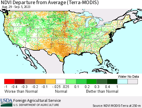 United States NDVI Departure from Average (Terra-MODIS) Thematic Map For 9/1/2023 - 9/10/2023