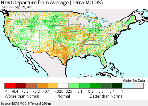 United States NDVI Departure from Average (Terra-MODIS) Thematic Map For 9/22/2023 - 9/29/2023