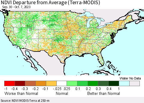 United States NDVI Departure from Average (Terra-MODIS) Thematic Map For 9/30/2023 - 10/7/2023