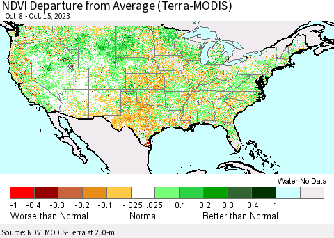 United States NDVI Departure from Average (Terra-MODIS) Thematic Map For 10/8/2023 - 10/15/2023