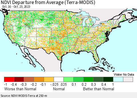 United States NDVI Departure from Average (Terra-MODIS) Thematic Map For 10/16/2023 - 10/23/2023