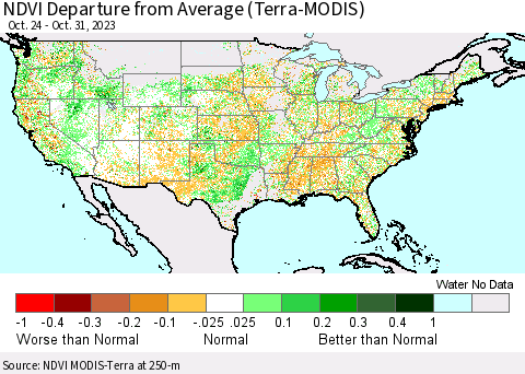 United States NDVI Departure from Average (Terra-MODIS) Thematic Map For 10/24/2023 - 10/31/2023