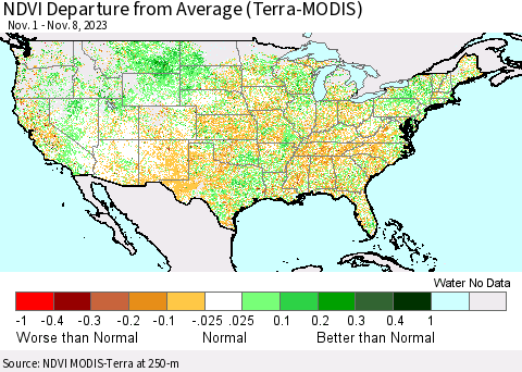 United States NDVI Departure from Average (Terra-MODIS) Thematic Map For 11/1/2023 - 11/8/2023
