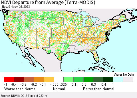 United States NDVI Departure from Average (Terra-MODIS) Thematic Map For 11/9/2023 - 11/16/2023