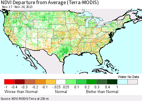 United States NDVI Departure from Average (Terra-MODIS) Thematic Map For 11/17/2023 - 11/24/2023