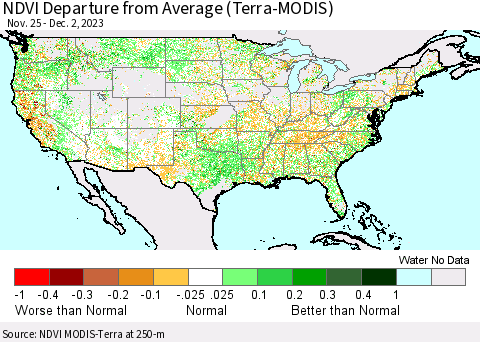 United States NDVI Departure from Average (Terra-MODIS) Thematic Map For 11/25/2023 - 12/2/2023