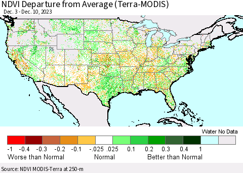 United States NDVI Departure from Average (Terra-MODIS) Thematic Map For 12/3/2023 - 12/10/2023