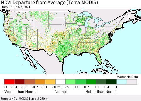 United States NDVI Departure from Average (Terra-MODIS) Thematic Map For 12/27/2023 - 1/3/2024
