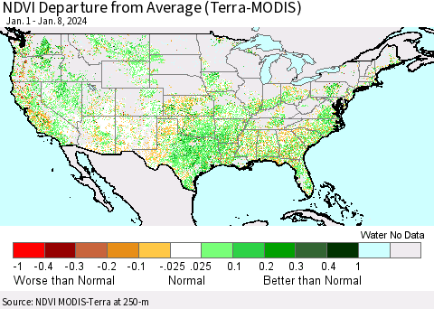 United States NDVI Departure from Average (Terra-MODIS) Thematic Map For 1/1/2024 - 1/8/2024