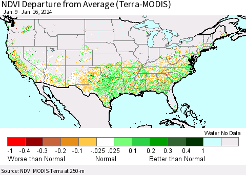 United States NDVI Departure from Average (Terra-MODIS) Thematic Map For 1/9/2024 - 1/16/2024