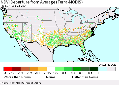 United States NDVI Departure from Average (Terra-MODIS) Thematic Map For 1/17/2024 - 1/24/2024