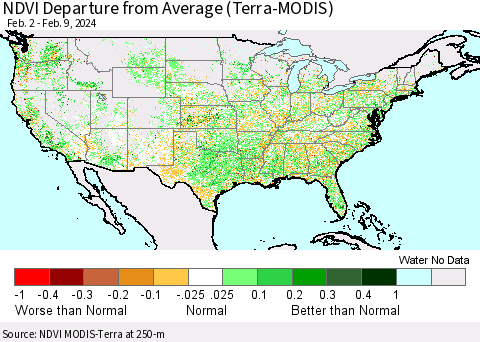 United States NDVI Departure from Average (Terra-MODIS) Thematic Map For 2/2/2024 - 2/9/2024
