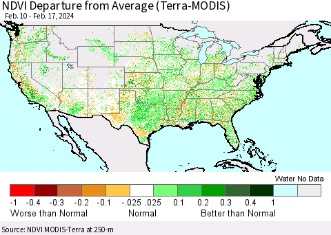 United States NDVI Departure from Average (Terra-MODIS) Thematic Map For 2/10/2024 - 2/17/2024