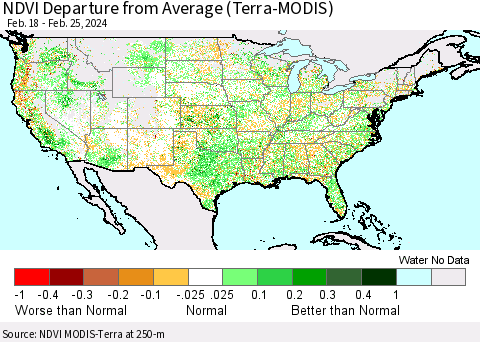 United States NDVI Departure from Average (Terra-MODIS) Thematic Map For 2/18/2024 - 2/25/2024