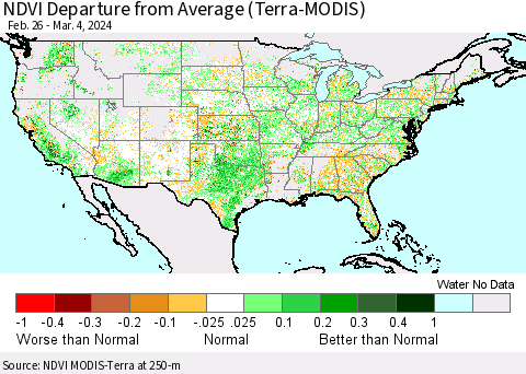 United States NDVI Departure from Average (Terra-MODIS) Thematic Map For 2/26/2024 - 3/4/2024