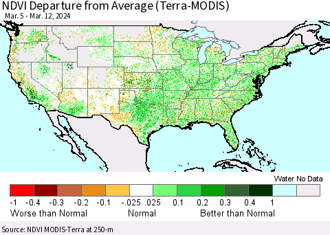 United States NDVI Departure from Average (Terra-MODIS) Thematic Map For 3/5/2024 - 3/12/2024