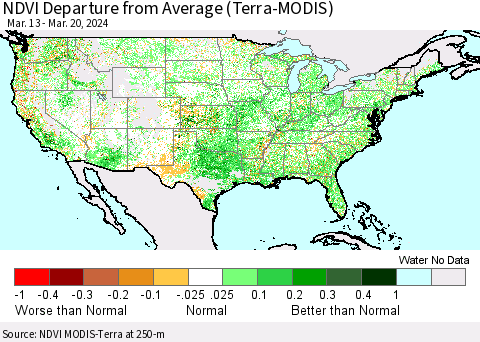 United States NDVI Departure from Average (Terra-MODIS) Thematic Map For 3/13/2024 - 3/20/2024